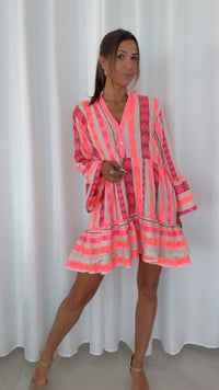 PREMIUM Tunika Kleid mit Muster „Happy Day“ / creme - rosa - pink Art.14575