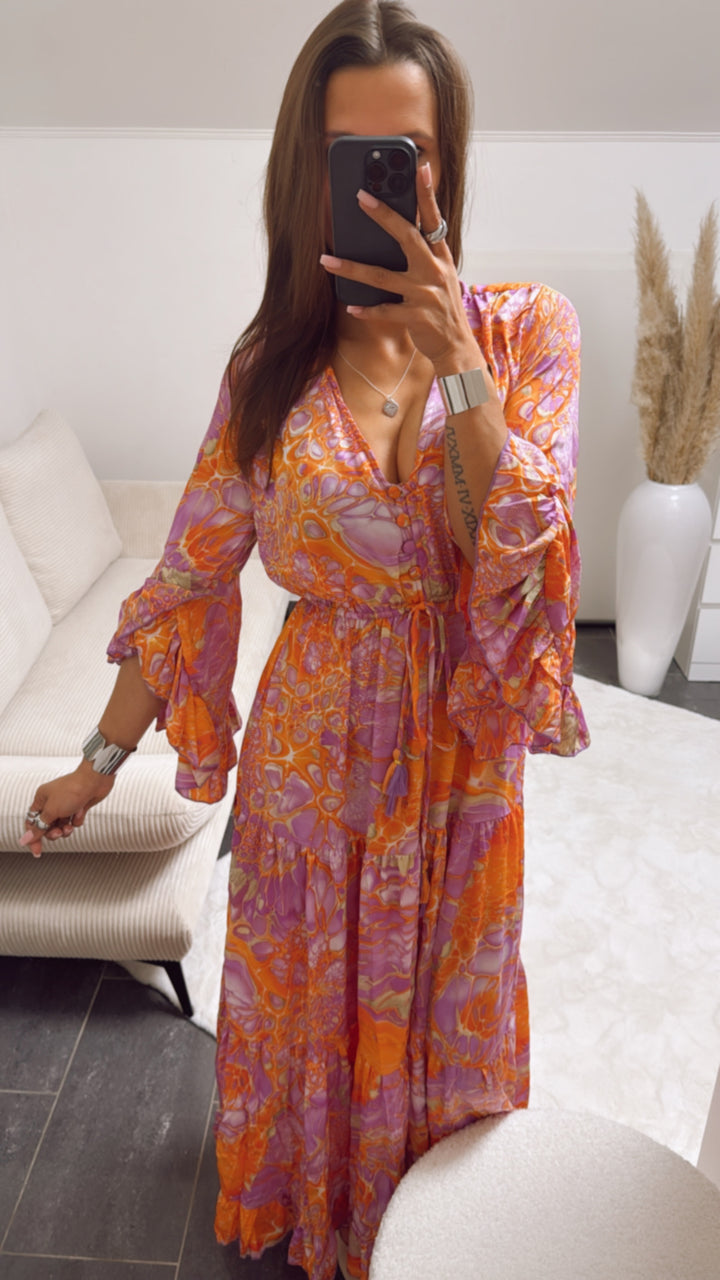 (Maxi-) Kleid mit extravagantem Muster / lila - orange - camel - gold Art. 9374
