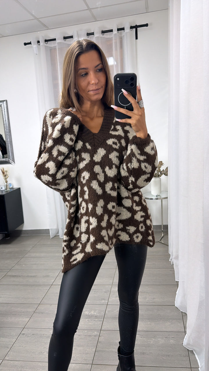V-AUSSCHNITT LEO Oversize Kuschel - Pullover / Schoko braun - beige Art. 13063