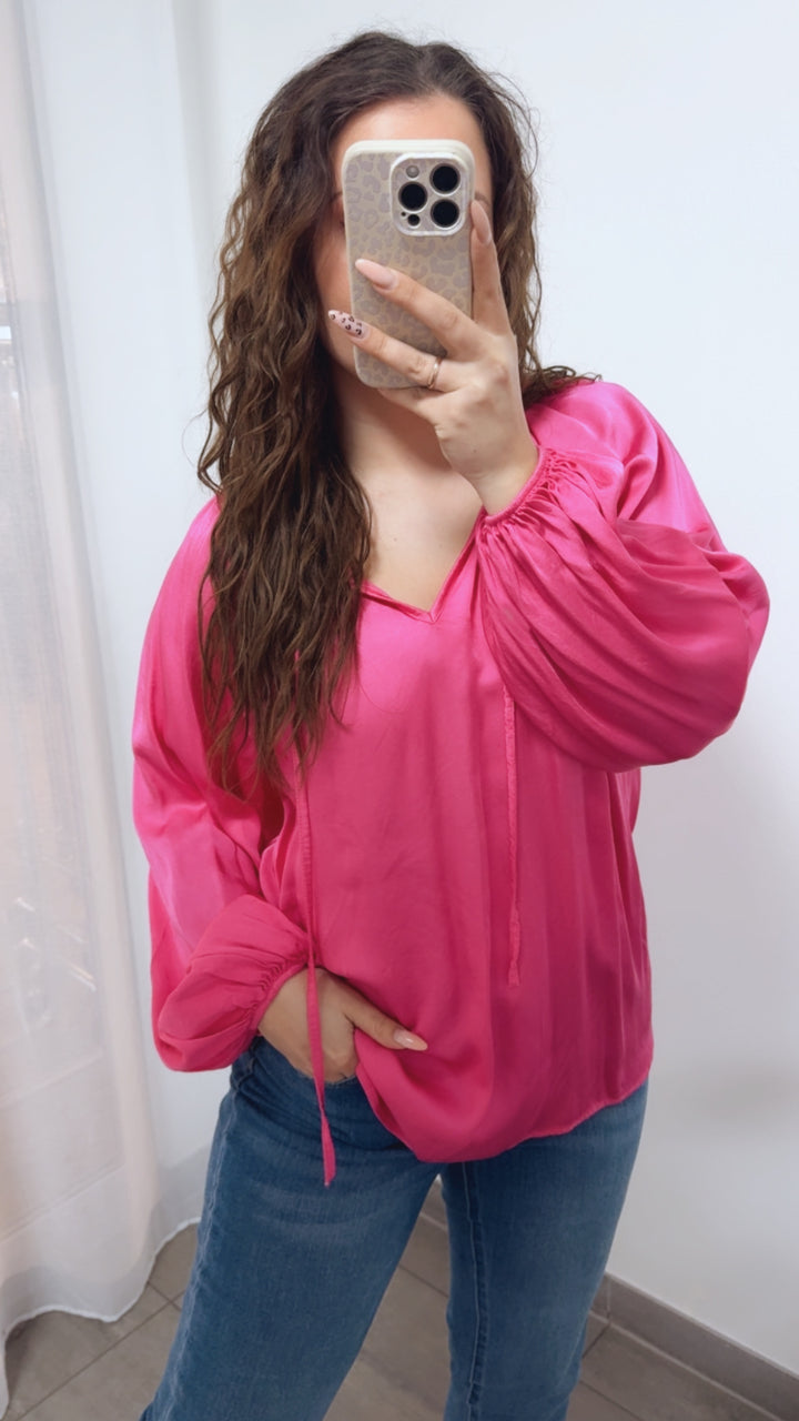 Viskose - Seiden Mix Bluse, Volant Ausschnitt / pink Art. 14071