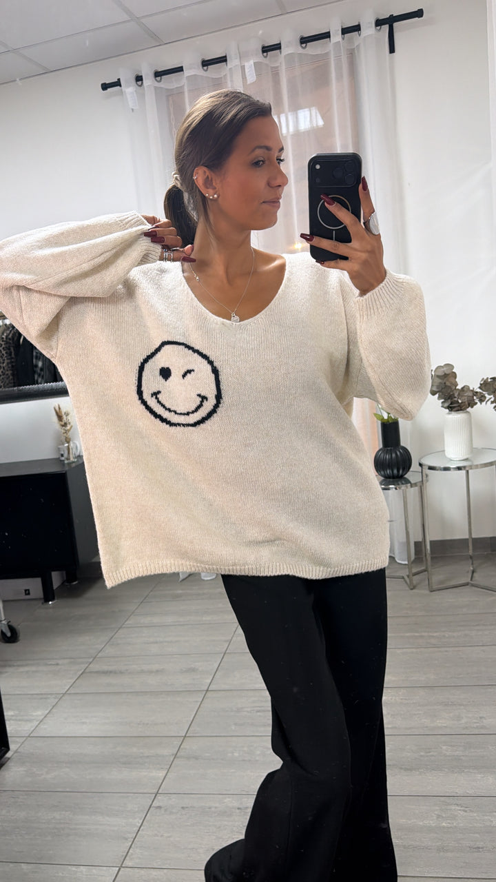 SMILEY Strick Pullover " all good " / creme - schwarz Art. 16441
