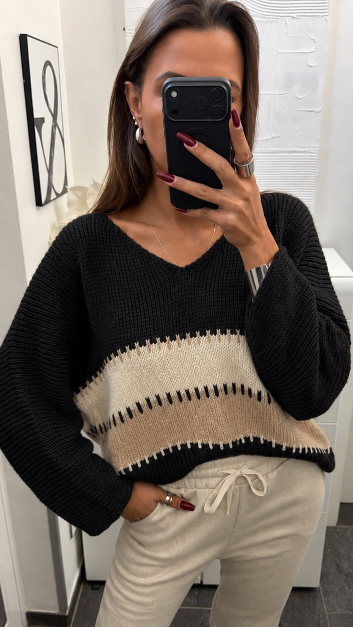 Wollfreier Blockstreifen Pullover / schwarz - beige - creme Art.16562