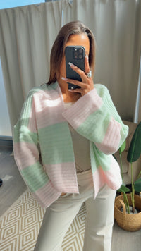 STREIFEN weiter, offener Cardigan / soft mint - soft rosa Art. 14659