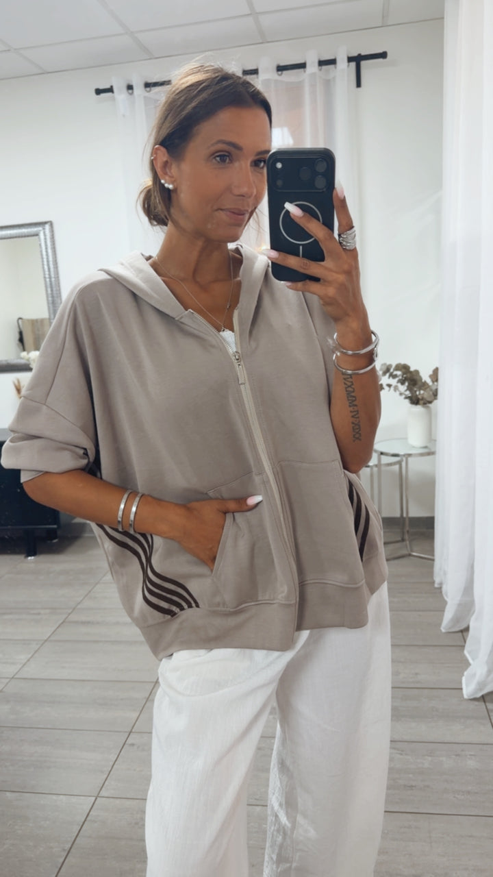 Oversize Zip-Hoodie mit Kapuze und seitlichen Streifen / taupe - braun Art.15605