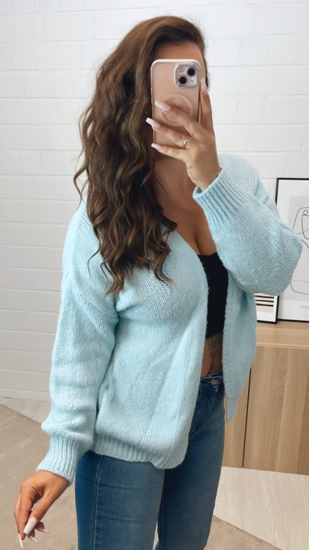 Offener, mittellang geschnittener Strick Cardigan / hell blau Art. 10681