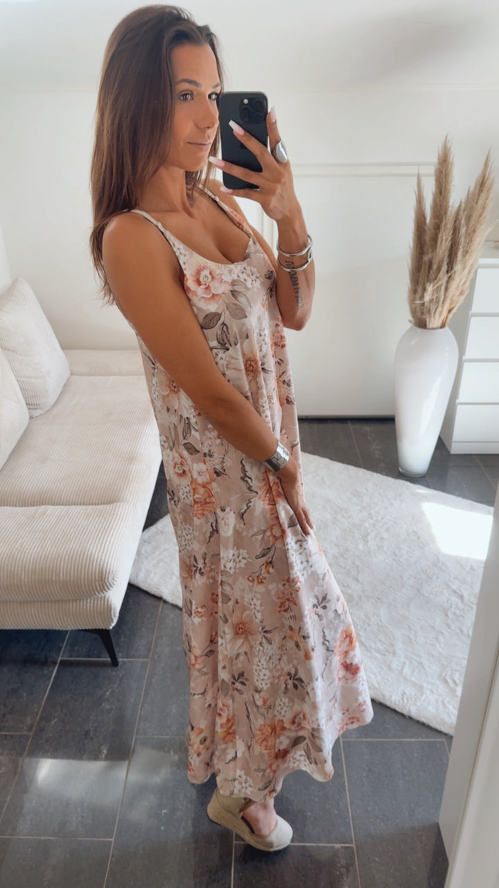 FLORALES Maxi Kleid mit verstellbaren Trägern / creme - weiß - grün- orange Art.14782