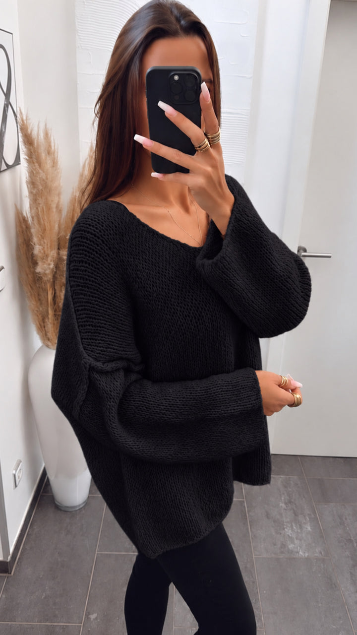 Kuscheliger Oversize - Pullover V-Ausschnitt / schwarz Art. 5252