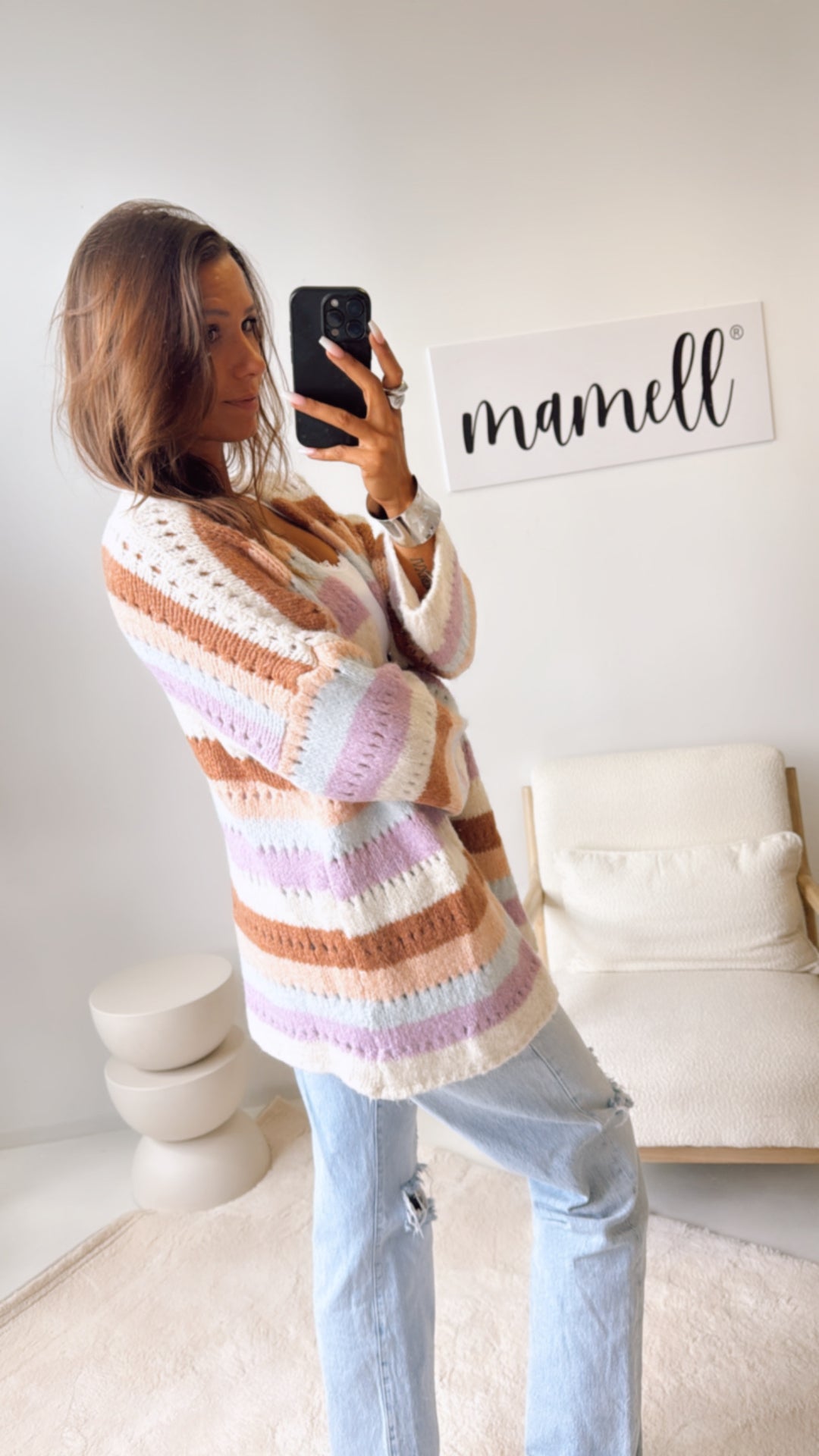 offener Cardigan mit Loch Strick Muster / creme - camel - nude - hell blau - flieder Art. 10943