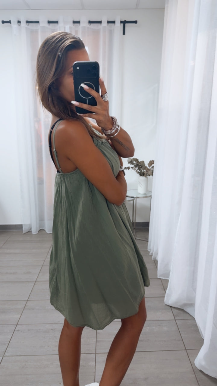 fließendes Kleid/ Long Top mit Unterstoff, used Ausschnitt / khaki Art. 15599