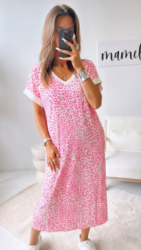 Maxi Leo T-Shirt Kleid / weiß - neon pink Art.15628