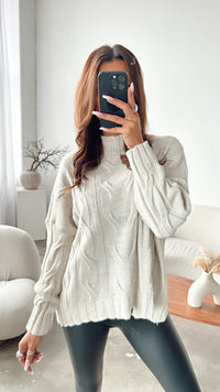 Zopfmuster Pullover mit Stehkragen, Fledermausärmel / hell beige Art. 7982