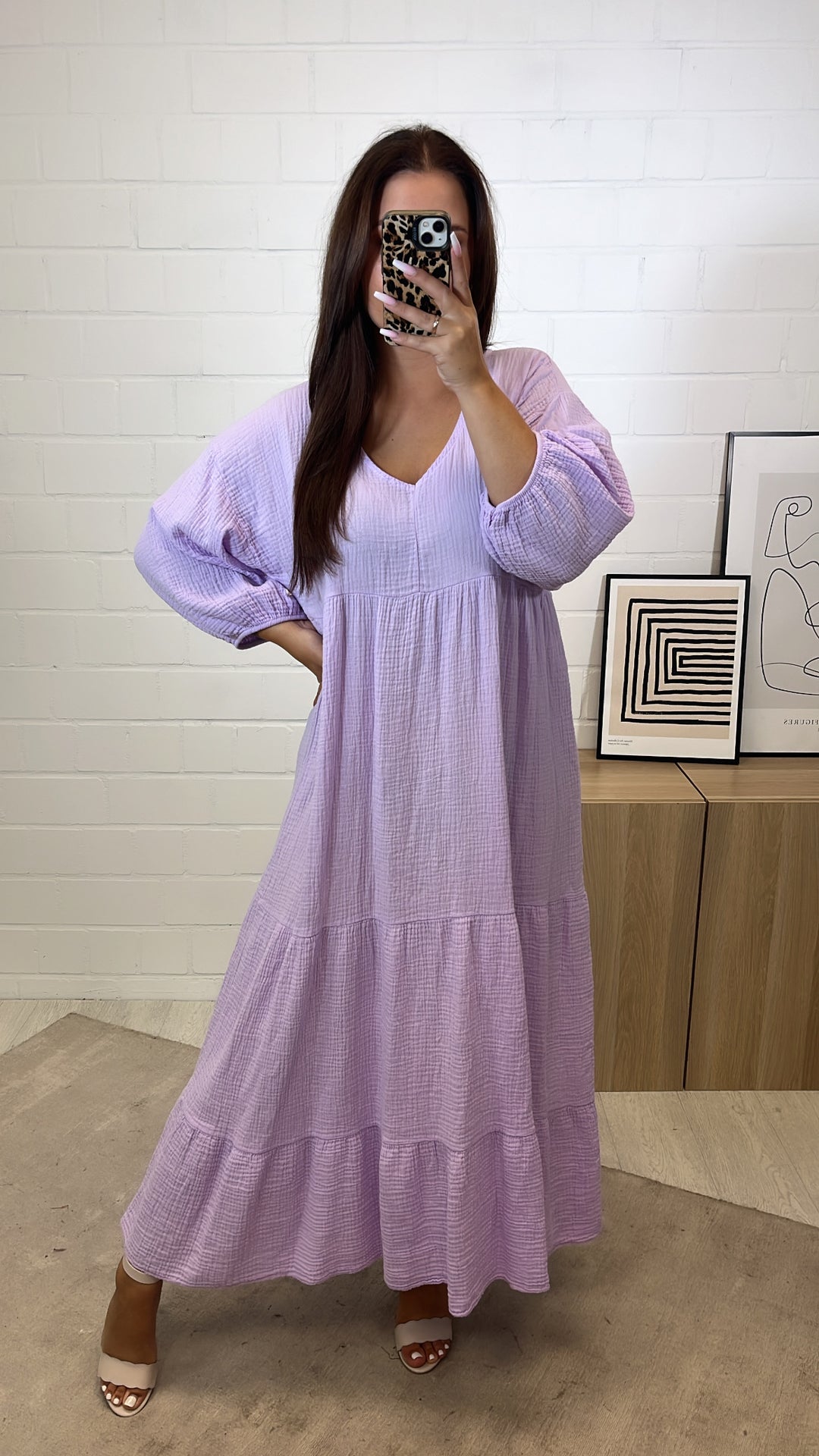 langes Musselin Kleid, Ärmel mit Gummibund / flieder Art. 11223