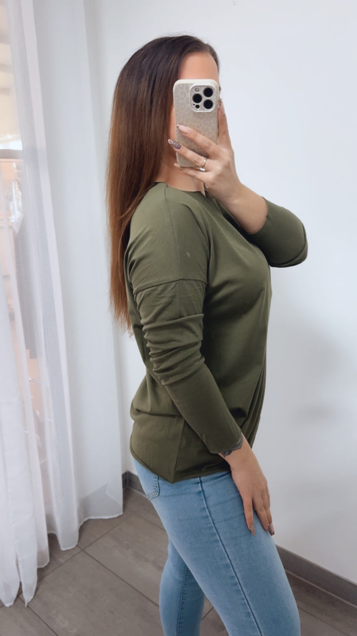 Baumwoll Basic Langarm Oberteil / khaki Art. 14241