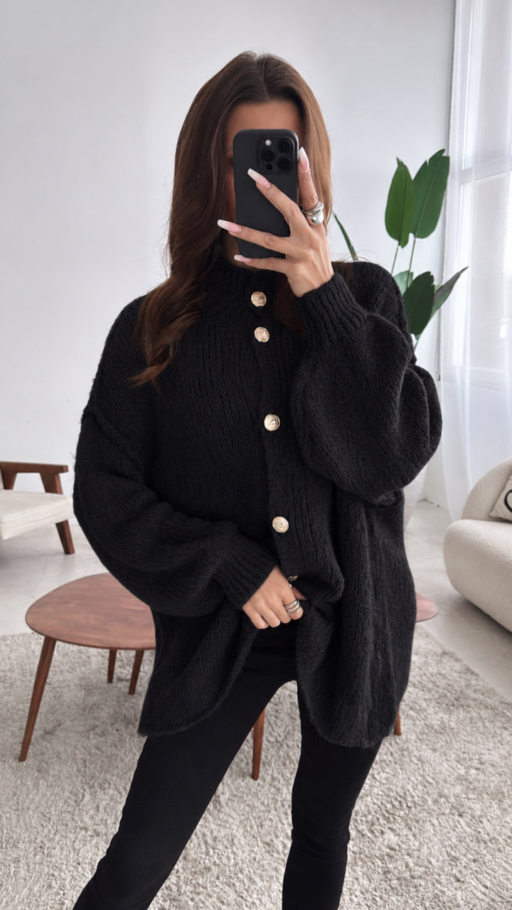 Kuschel Cardigan mit goldenen   Knöpfen / schwarz Art. 7378