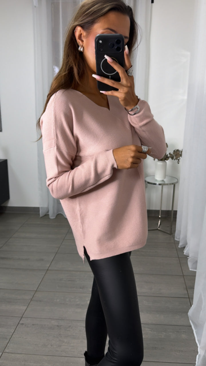 Gerippter Feinstrick Pullover mit V-Ausschnitt / altrosa Art.16365
