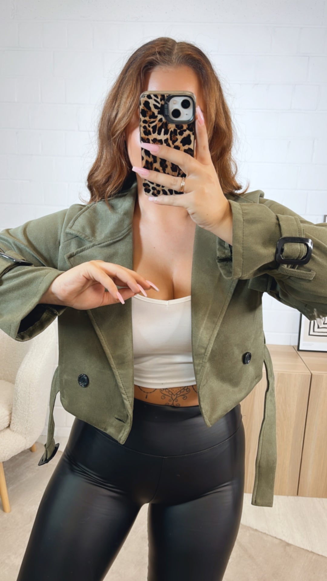 VELOURS kurze Trenchcoat Jacke / khaki Art. 12603