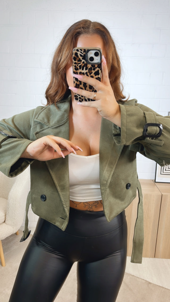 VELOURS kurze Trenchcoat Jacke / khaki Art. 12603