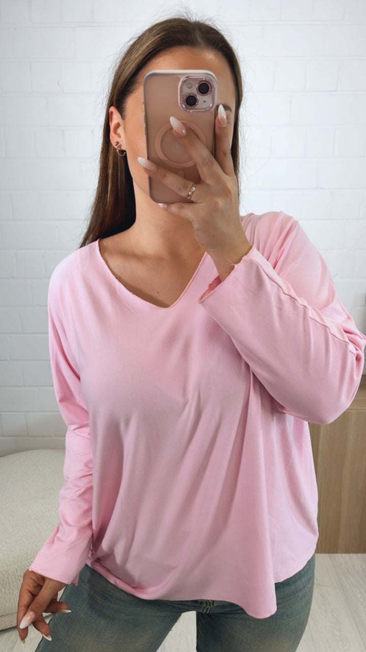Lockeres Langarm Oberteil mit V-Ausschnitt / soft pink Art. 9792