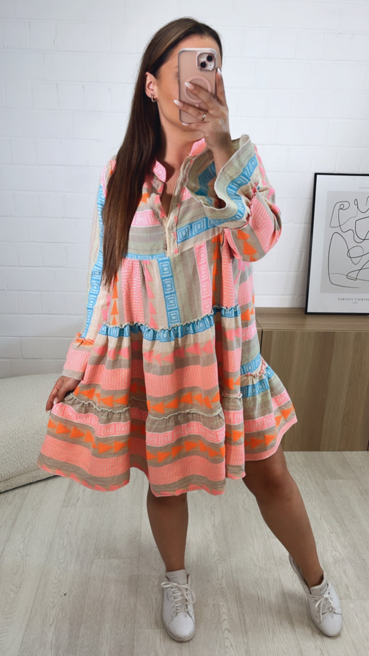 Tunika / Kleid in sommerlichem Muster und Farben / beige - pink - orange - grün - blau Art. 9528