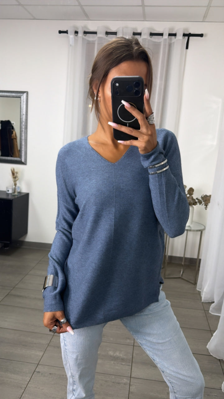 Gerippter Feinstrick Pullover mit V-Ausschnitt / denim blau Art.16366