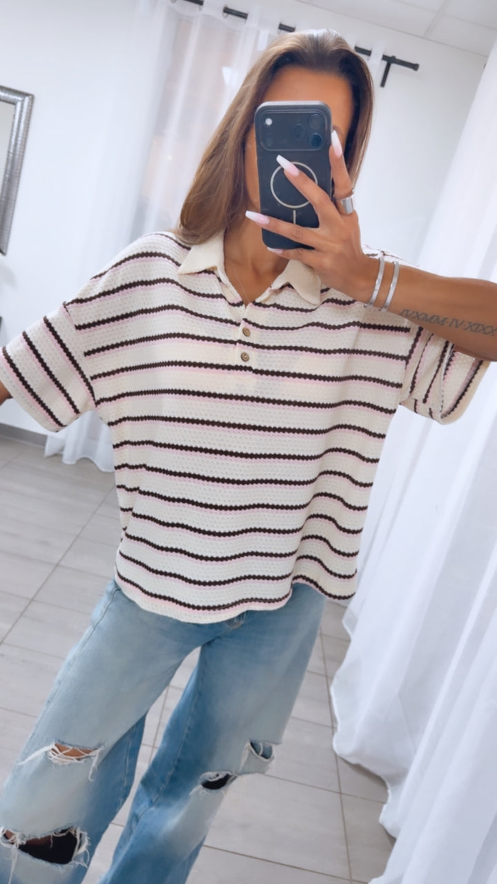 gestreiftes Strick oversize T-shirt mit Kragen/  Creme-rosa-braun Art.15188