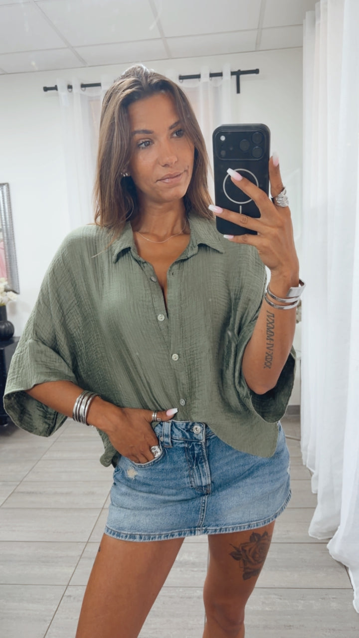 Lyocell - Viskose - Mix Bluse mit kurzen Armen / khaki Art. 15386