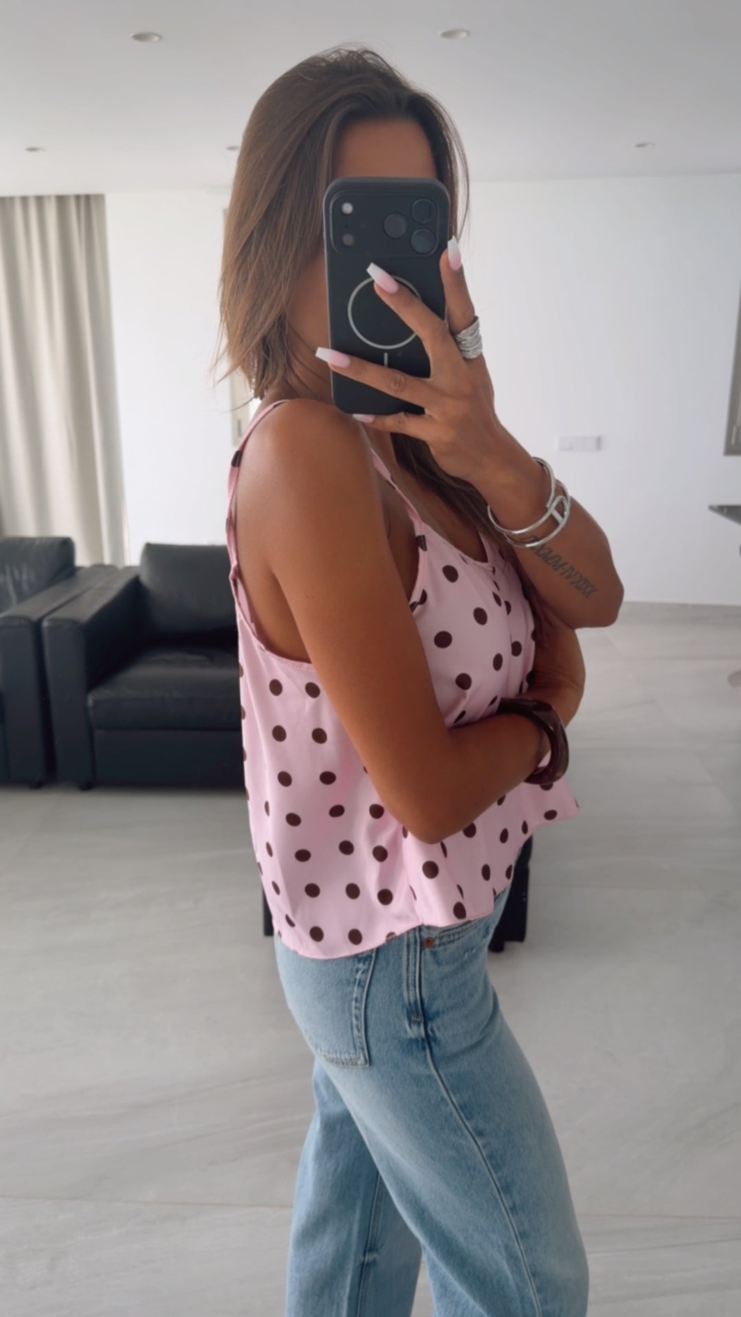 PUNKTE Satin Look Top / soft pink - braun Art. 15942