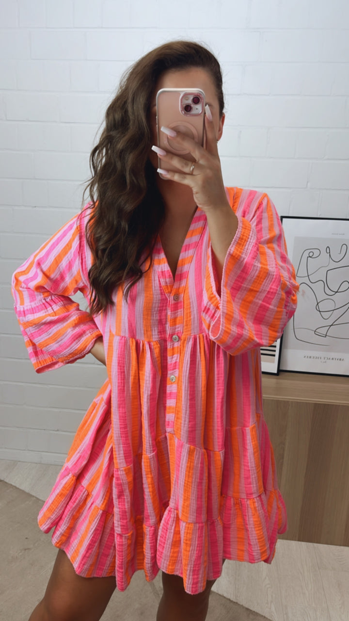 STREIFEN Musselin Kleid / Tunika / rosa - orange - pink Art. 10670