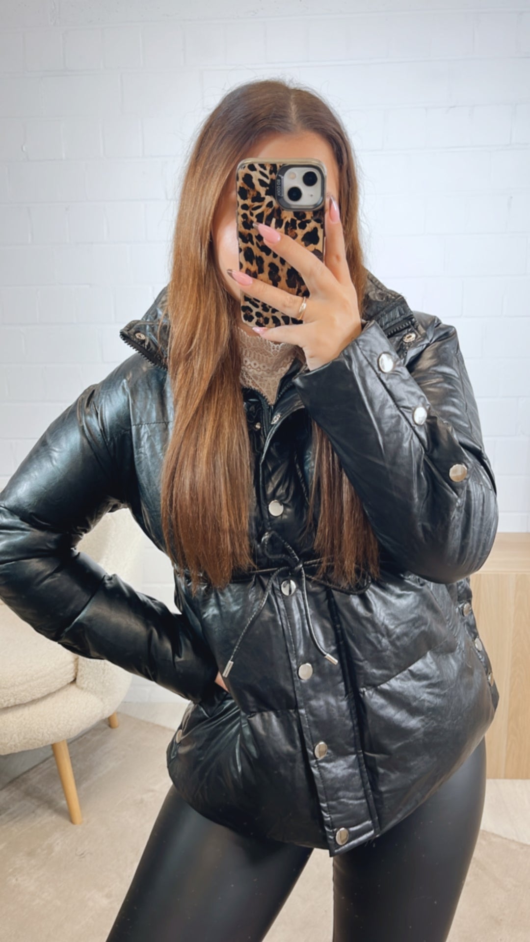 Lederimitat Jacke mit Knopfleiste, Reißverschluss / schwarz Art. 12866