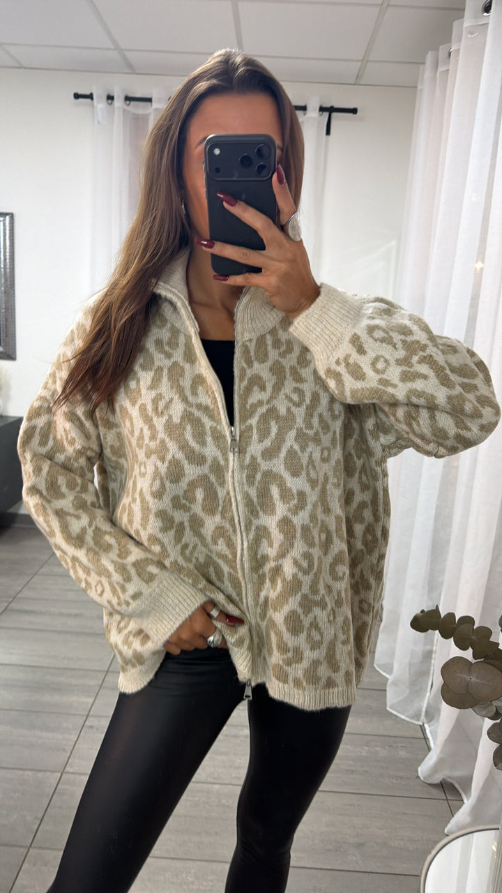 LEO Strick Jacke mit Reißverschluss und Stehkragen / creme - beige Art. 16531