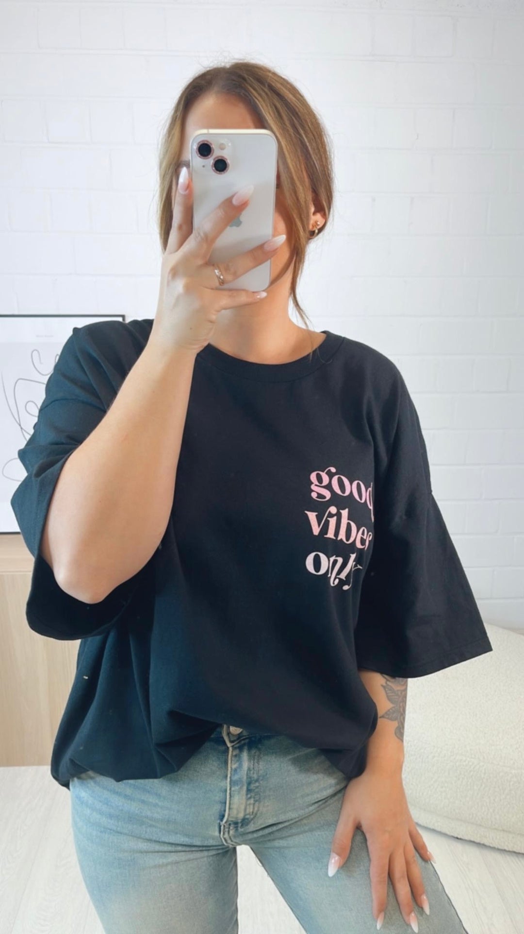 long T-shirt / Kleid " good vibes only " / schwarz Art. 9721