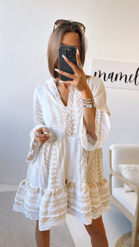 PREMIUM Tunika Kleid mit Muster / weiss - beige Art. 9341