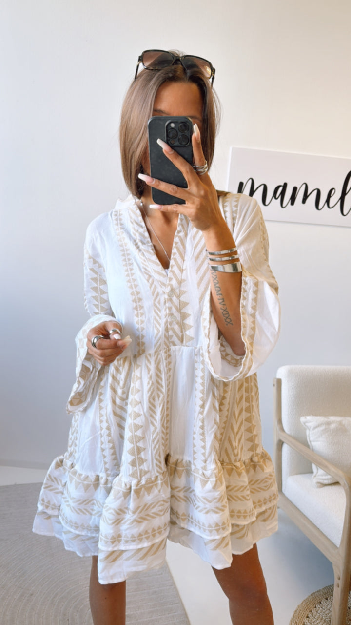 PREMIUM Tunika Kleid mit Muster / weiss - beige Art. 9341
