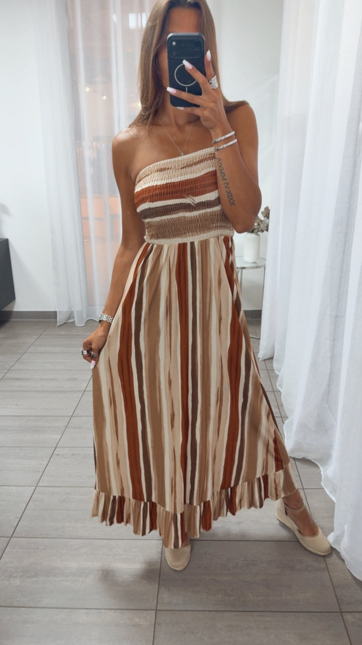 längeres Bandeau Kleid, gestreift / rost - creme - beige - braun Art. 15338