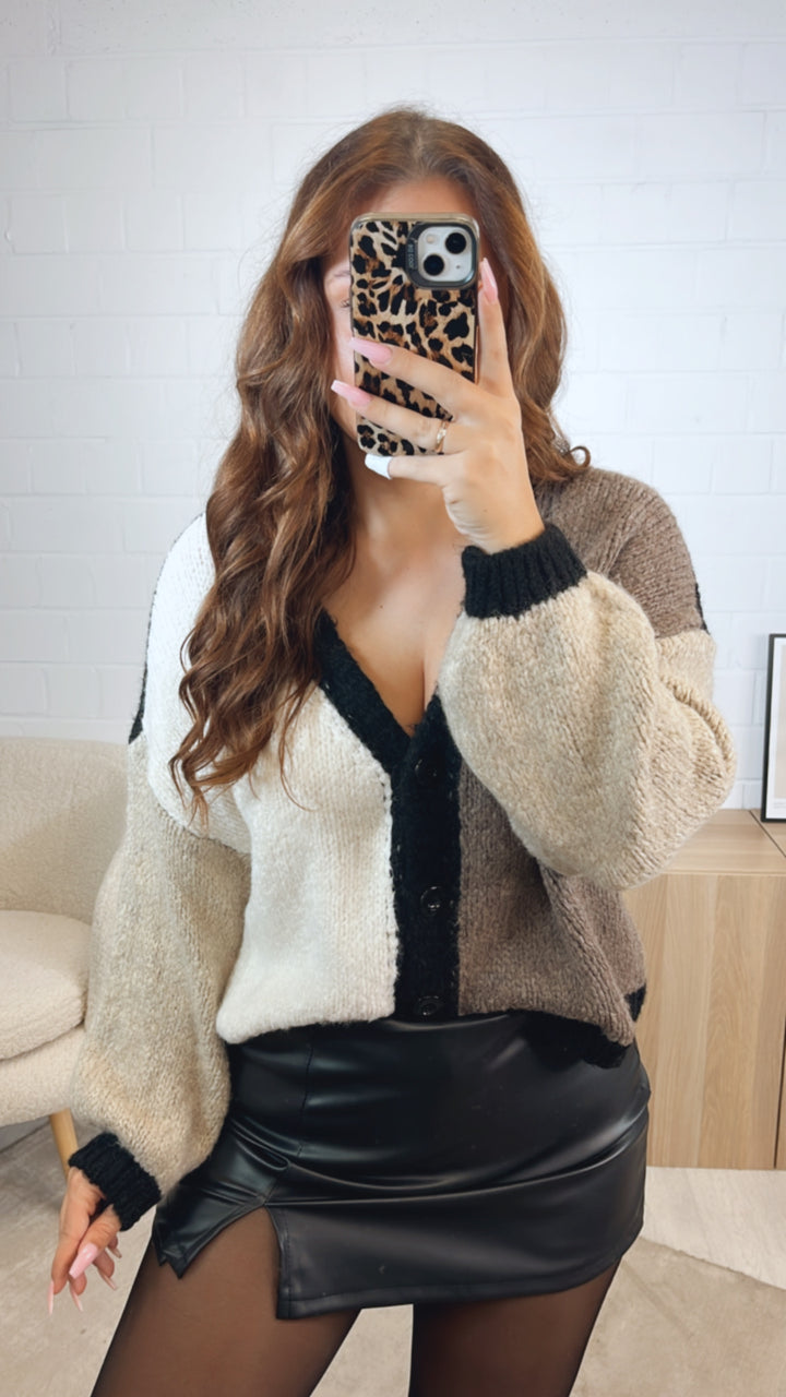 dreifarbiger Cardigan / schwarz - braun meliert - creme Art. 12610