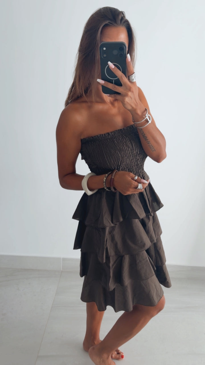 Kurzes Volant Kleid, Smok Bandeau Oberteil / braun Art. 16067