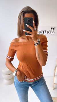 Off - Shoulder Baumwoll Oberteil, Streifen / rost Art. 10524