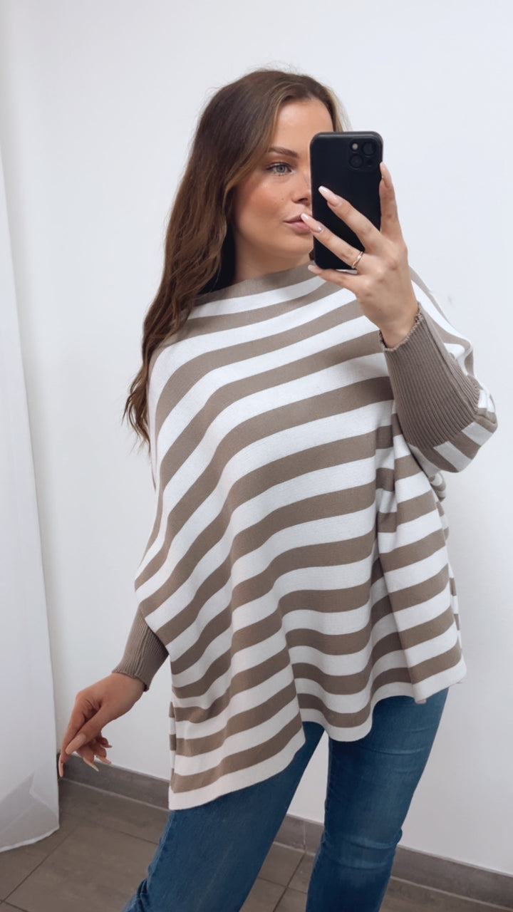 STREIFEN ultra weicher Pullover mit Fledermausärmeln / taupe - creme Art. 14763