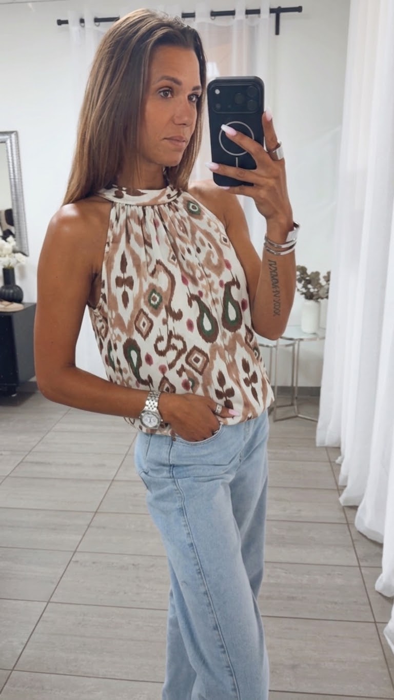 IKAT Look ärmelloses Top / weiss - beige - braun - rosa - khaki Art. 15341