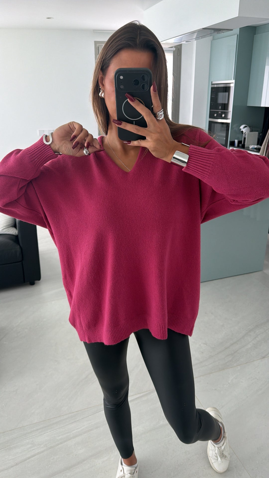 Viskose Mix Pullover mit V-Ausschnitt / pink-Beere Art. 16243