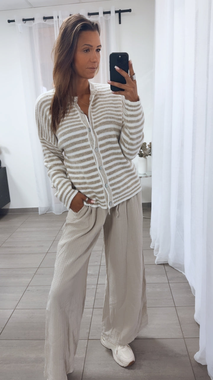 DÜNNE STREIFEN Cardigan mit Perlmutt - Knöpfen / beige - weiss Art. 14367