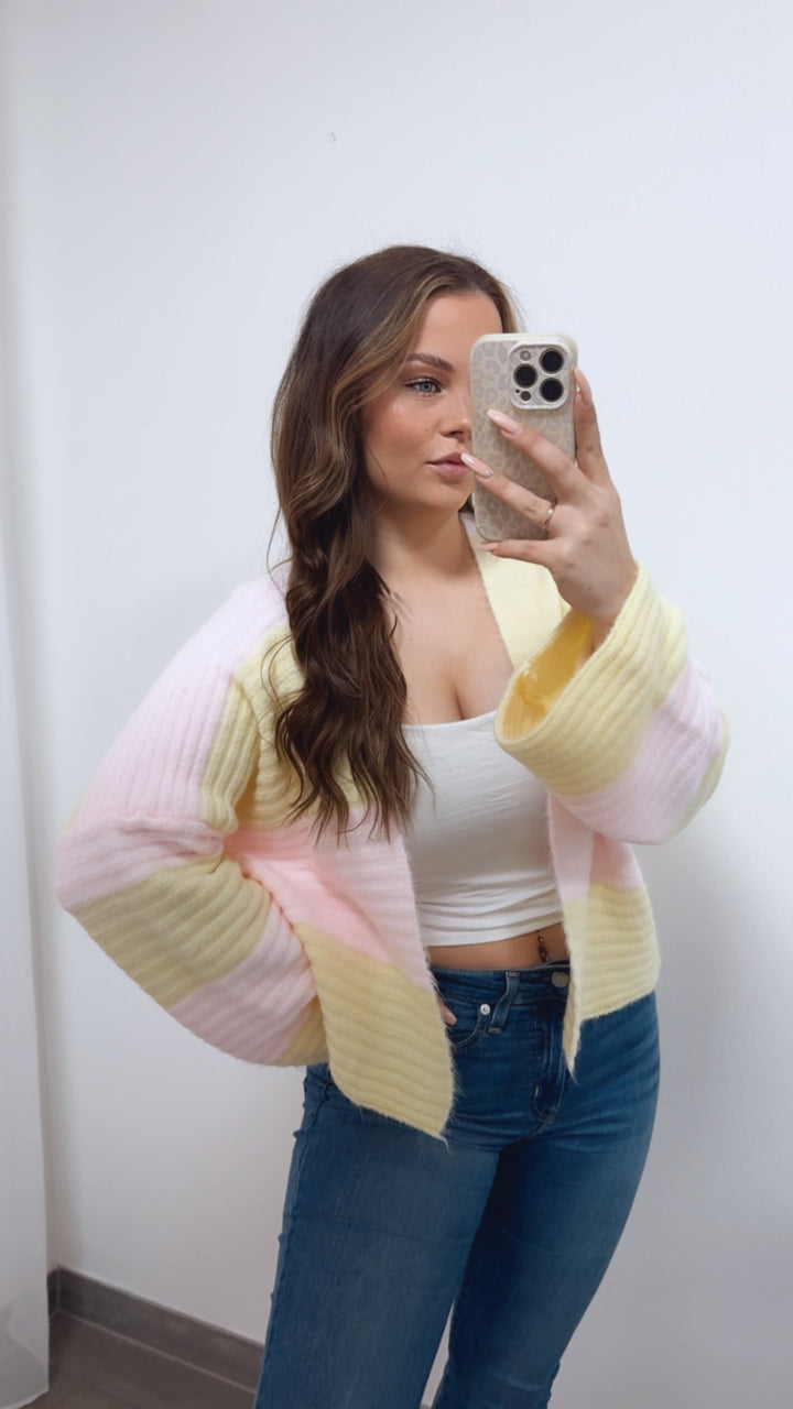 STREIFEN weiter, offener Cardigan / soft rosa - soft gelb Art. 14684