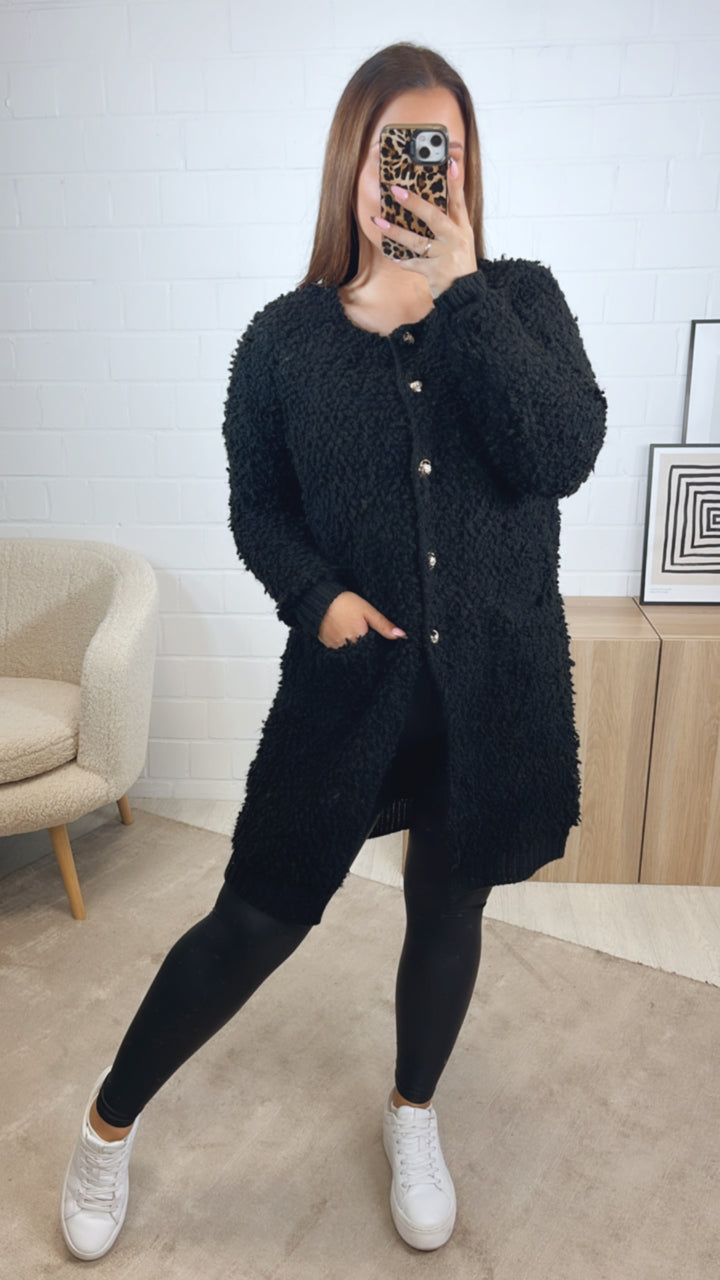 TEDDY langer Cardigan mit gold - silbernen Knöpfen, Taschen / schwarz Art. 12835