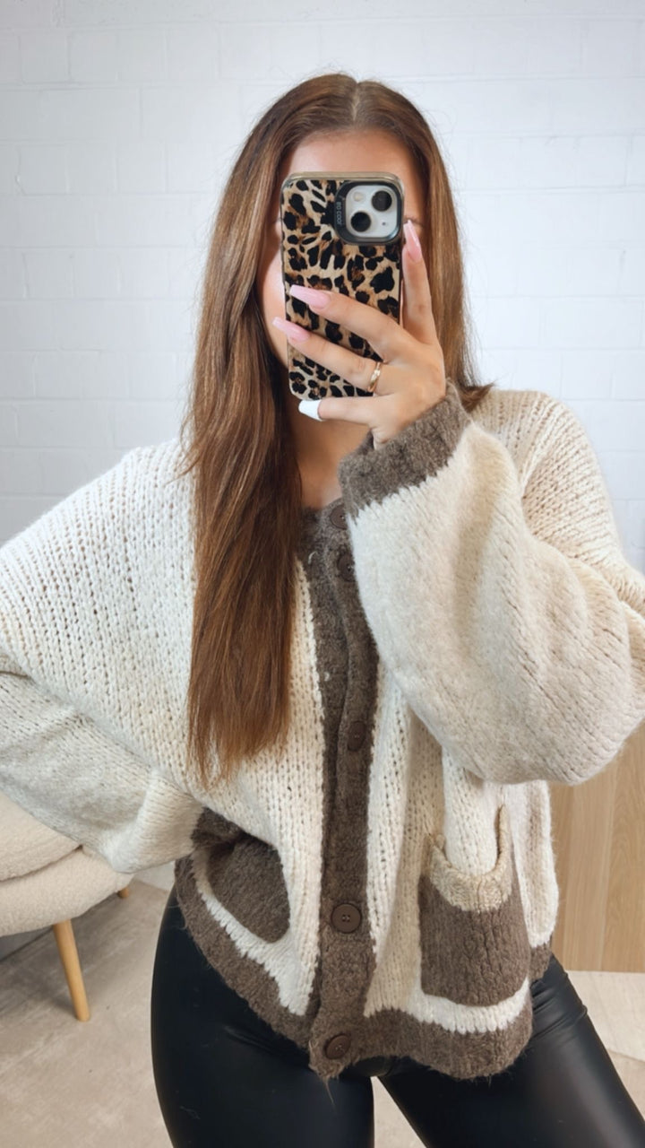 dreifarbiger Cardigan / creme - braun meliert - beige Art. 12499