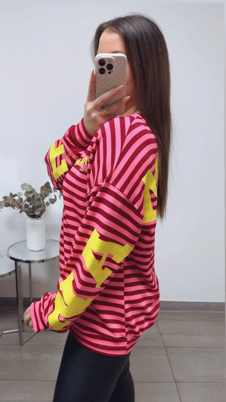 BREITE STREIFEN Pullover " all damn day " / bordeaux rot - pink - neon gelb Art. 13706