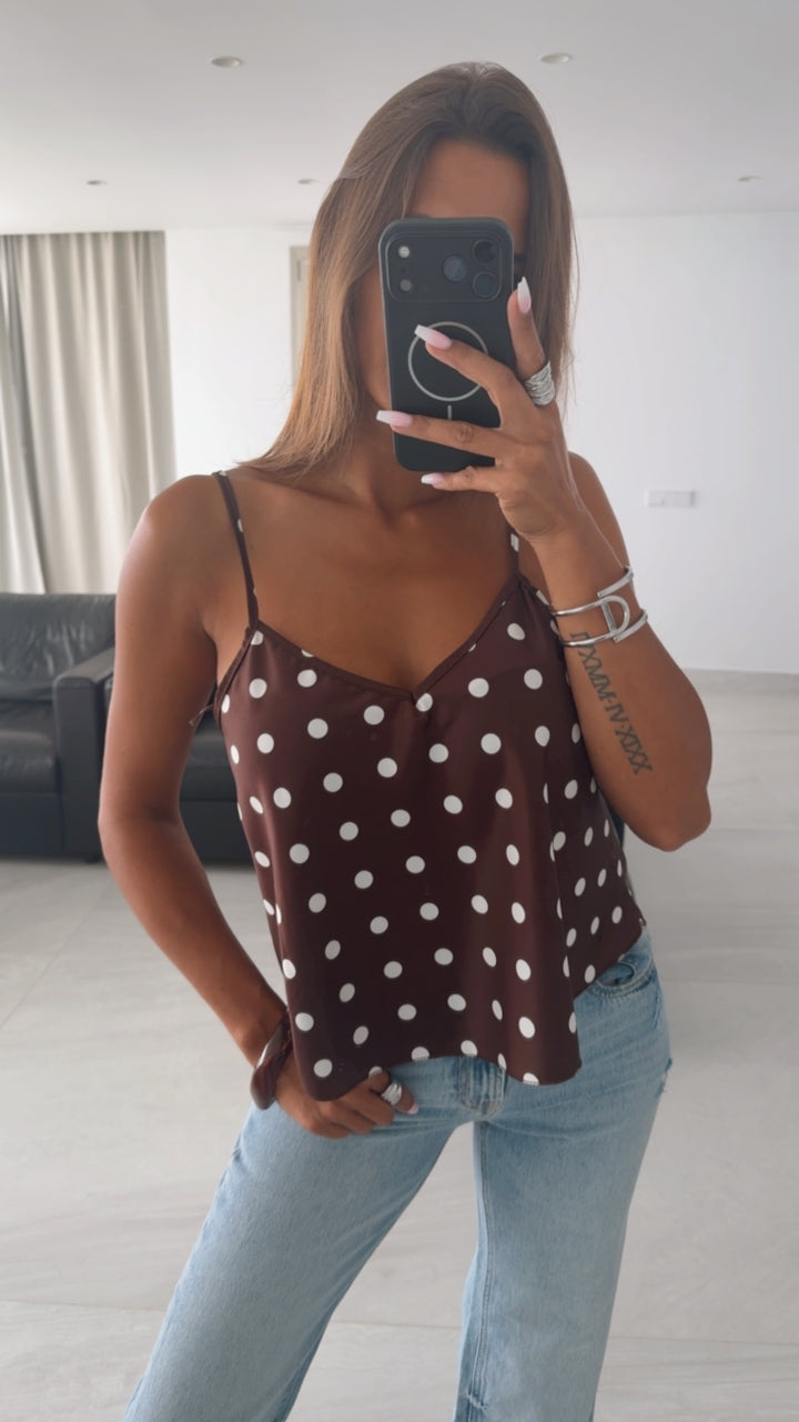 PUNKTE Satin Look Top / braun - weiss Art. 15947