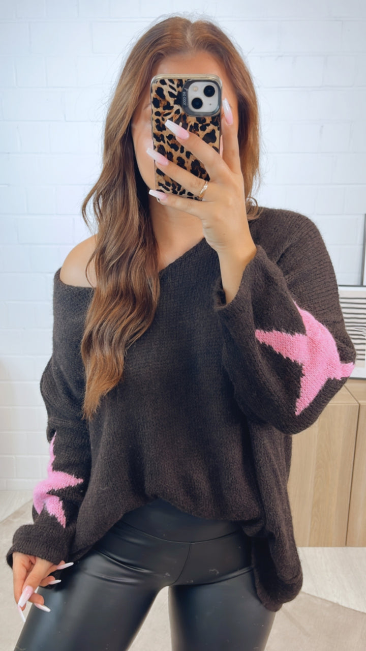 ultra oversize Strick Pullover " Take It Easy " / dunkel braun - pink Art. 12332