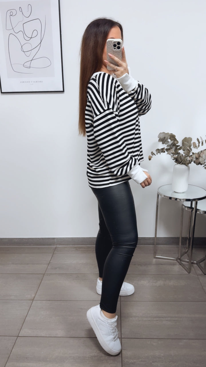 STREIFEN Sweater mit used V-Ausschnitt / schwarz - creme - weiss Art. 13340