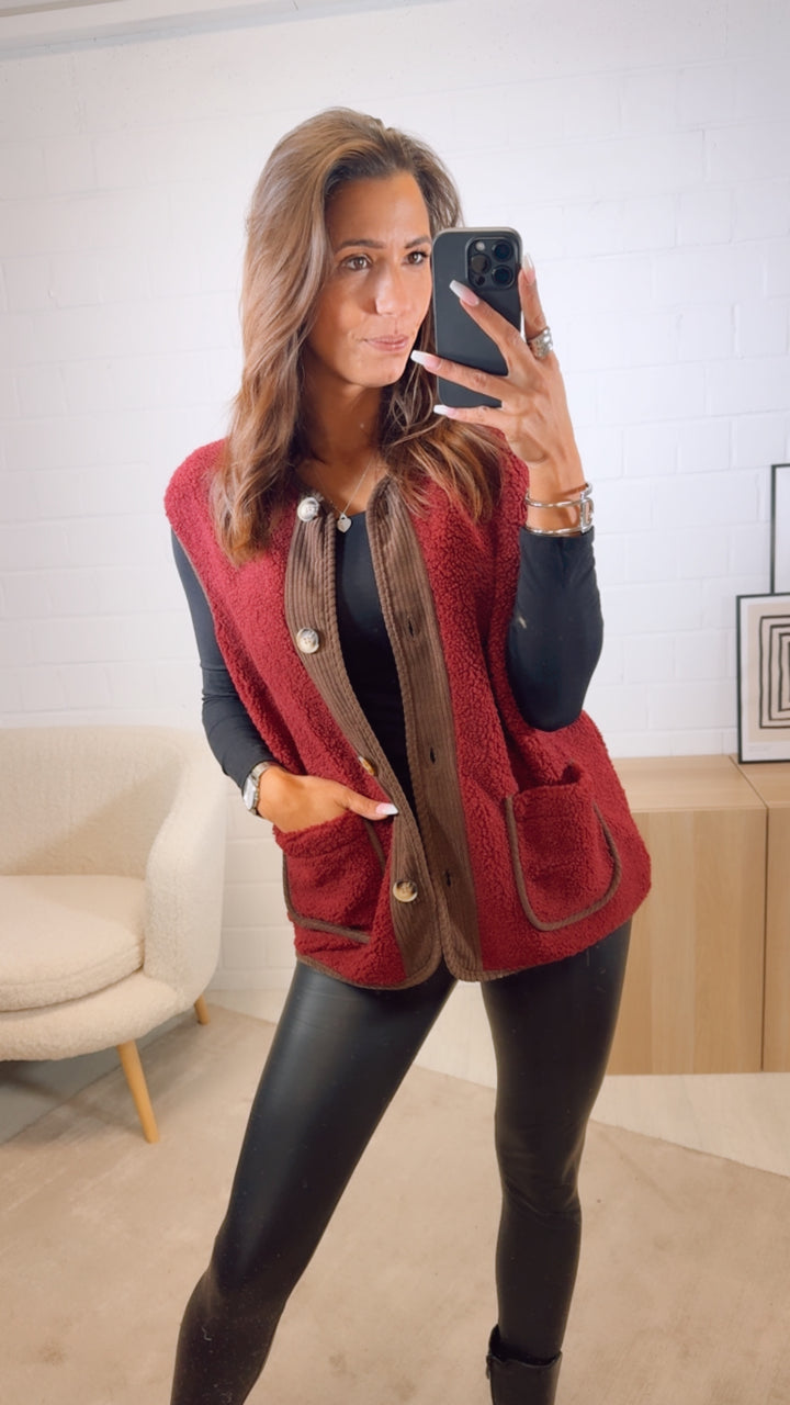 TEDDY Weste mit Cord Applikationen / bordeaux rot - dunkel braun Art. 13094