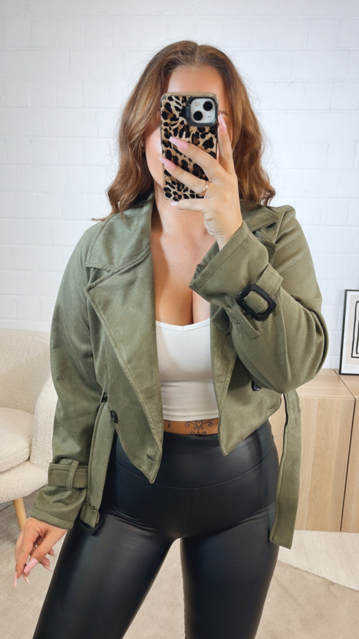 VELOURS kurze Trenchcoat Jacke / khaki Art. 12603